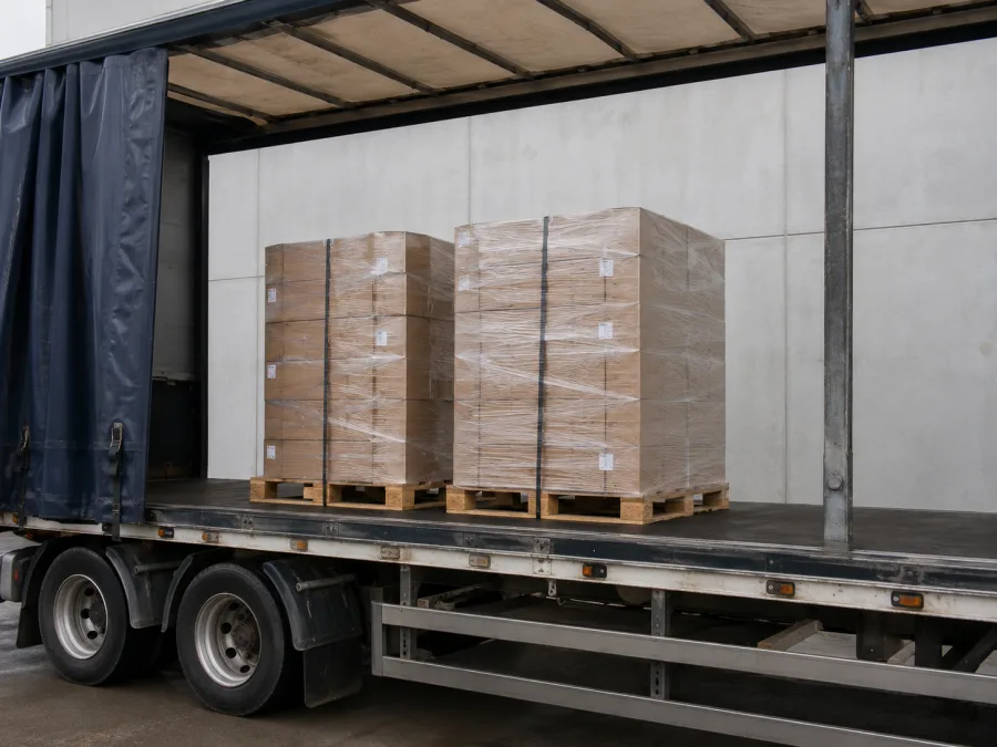 Wrapped pallets on a trailer at a Melbourne western estate dock