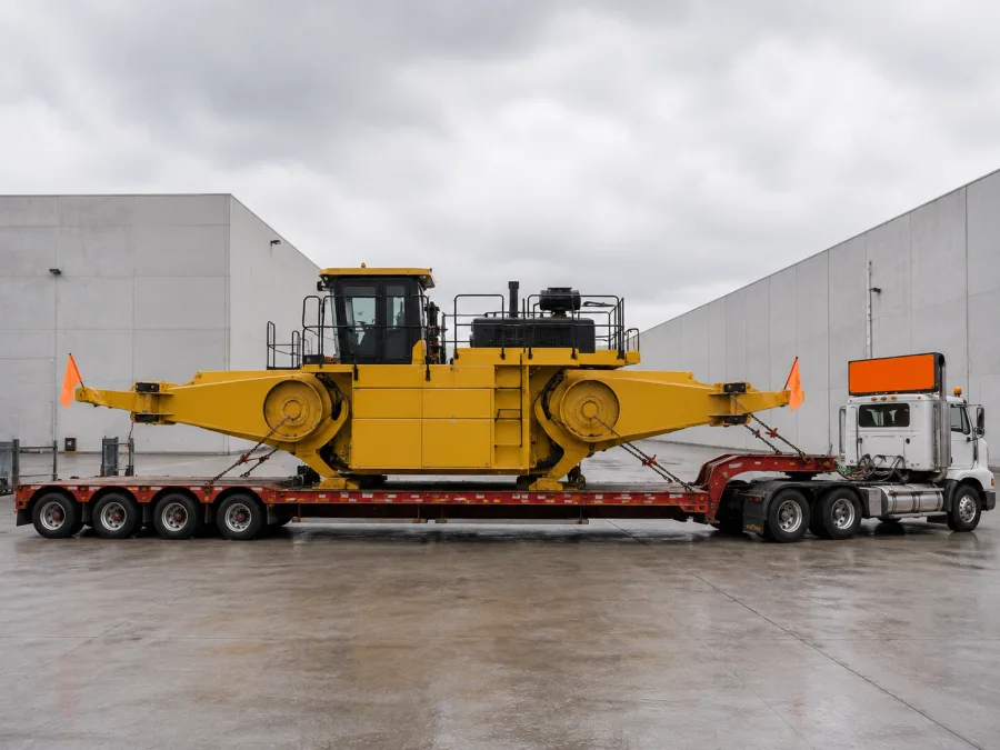 Oversize machine on a low-loader at a Melbourne industrial yard