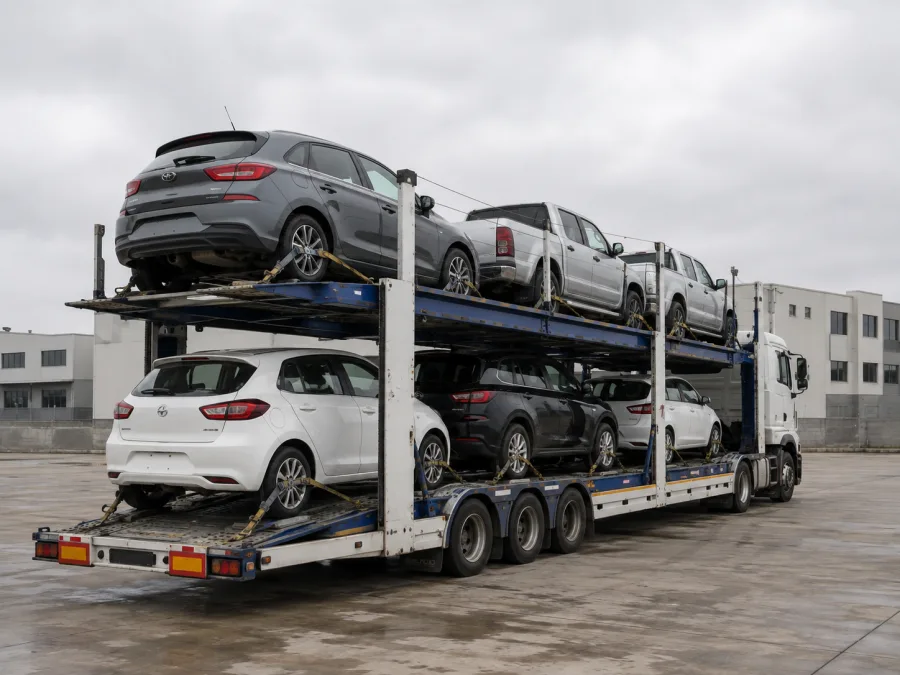 Loaded car carrier at a Melbourne vehicle yard
