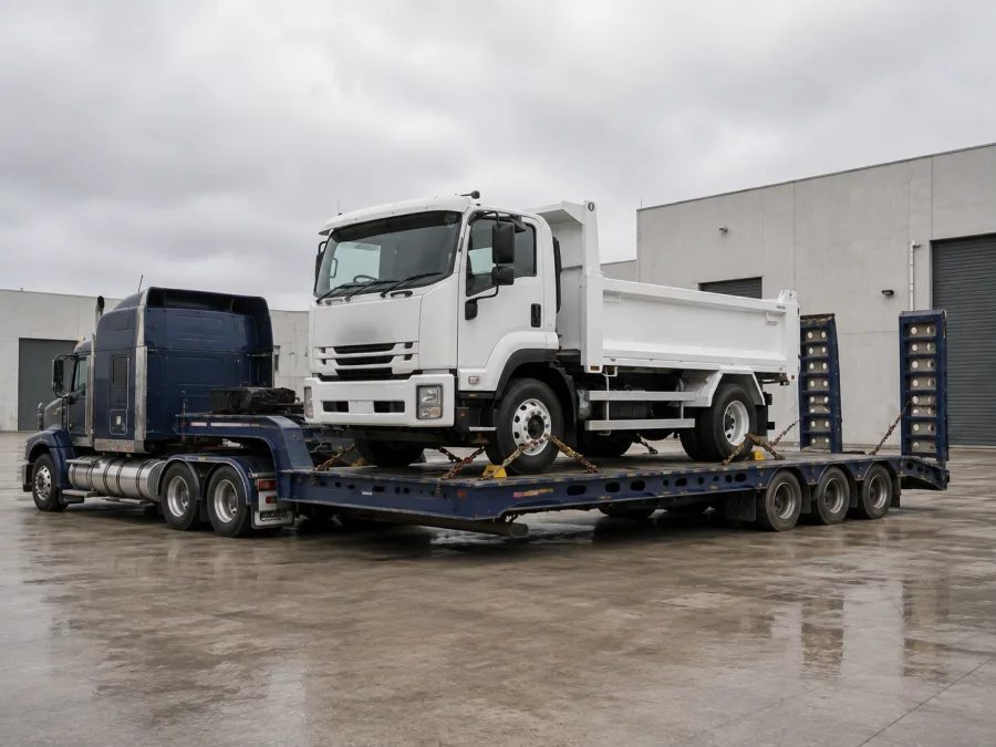 Tipper truck chained on a low-loader at a Melbourne depot