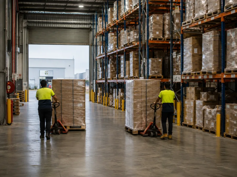 Workers moving pallets inside a Melbourne distribution centre