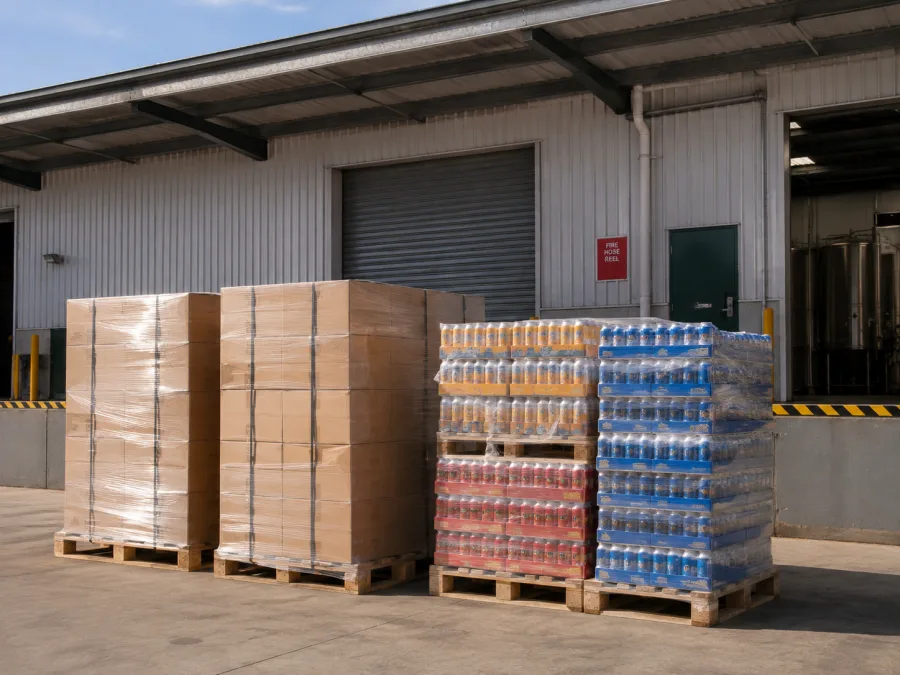 Palletised food and beverage staged at a Queensland manufacturer's dock
