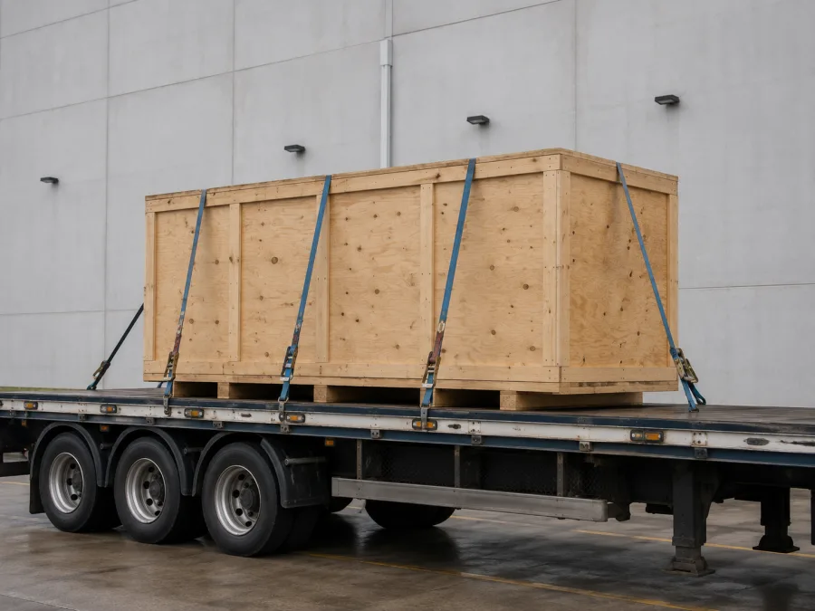 Timber-crated machine strapped on a trailer at a Melbourne industrial site