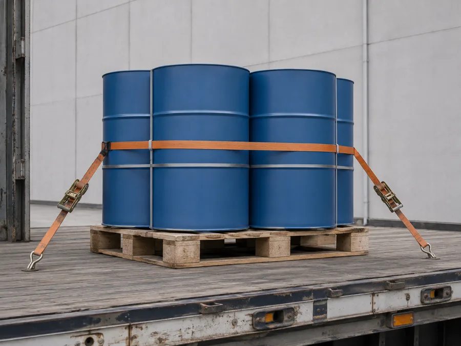 Sealed drums banded on a pallet and strapped to a trailer deck