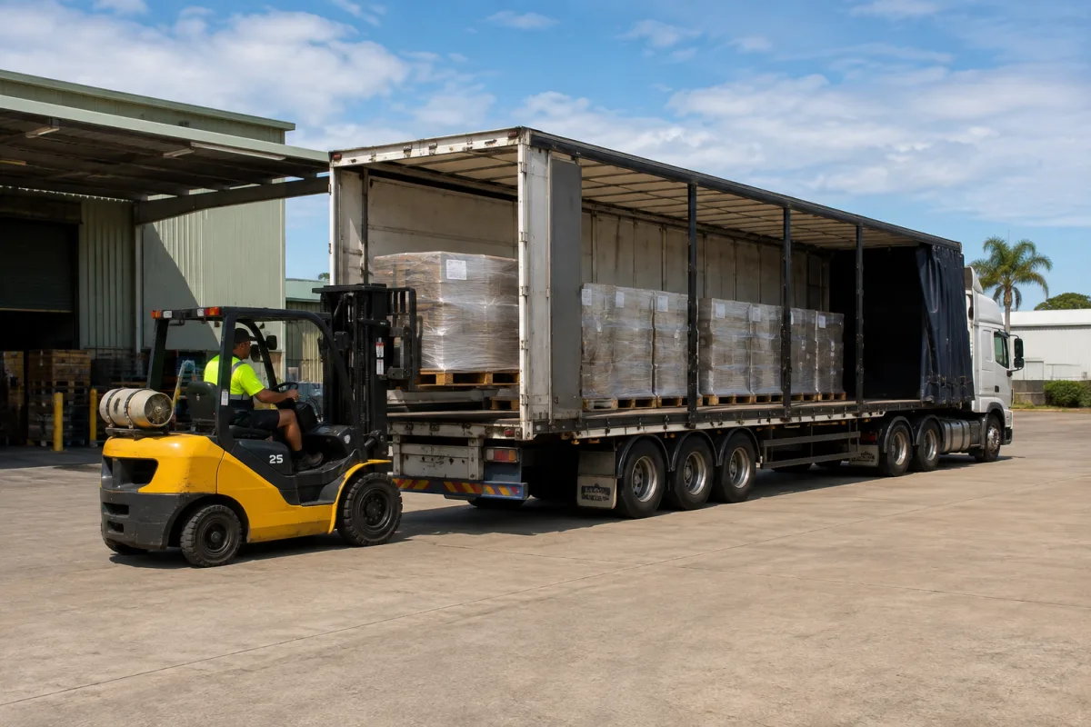 Forklift loading a trailer at a Brisbane depot for the Melbourne run