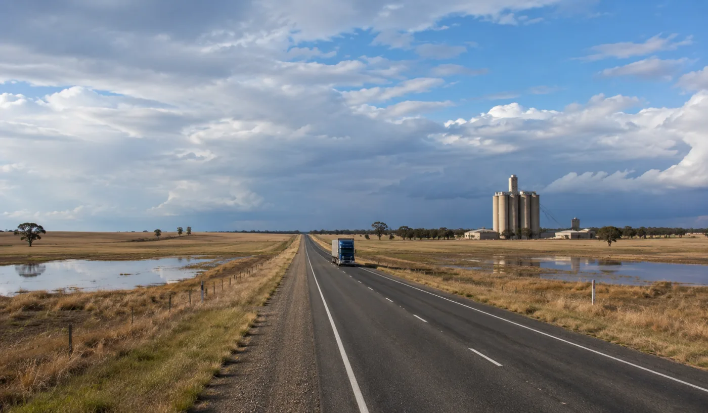 Straight inland highway across cropping country with water in the roadside paddocks