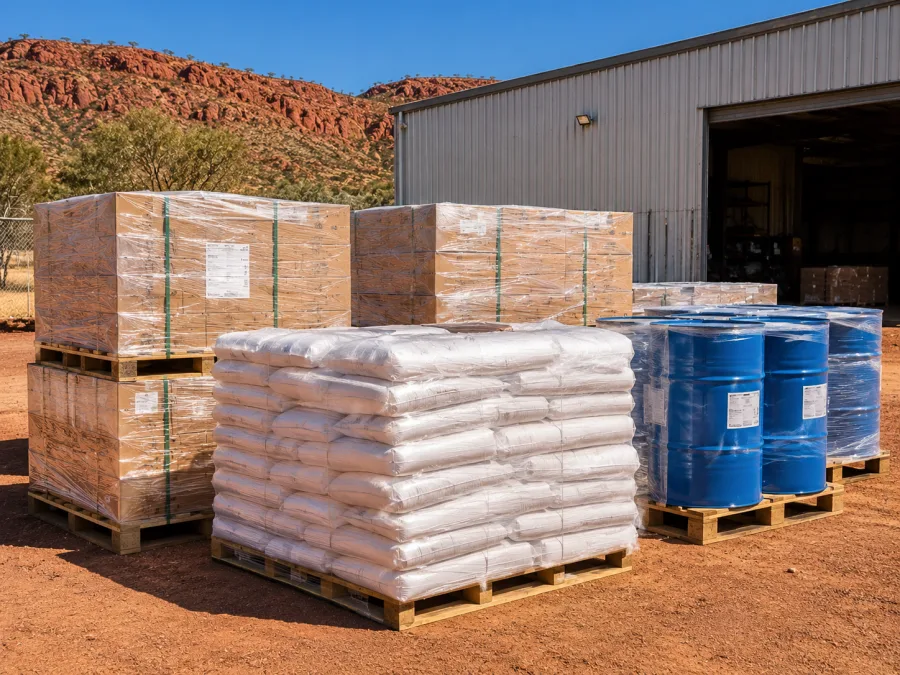Palletised mining consumables staged on a hardstand at Mount Isa
