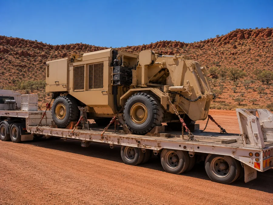 Industrial machine chained on a low-loader at a Mount Isa site