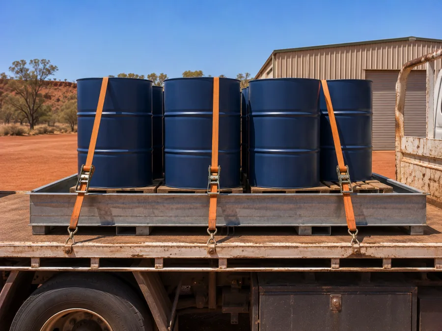 Sealed drums banded on pallets and strapped to a trailer deck at Mount Isa