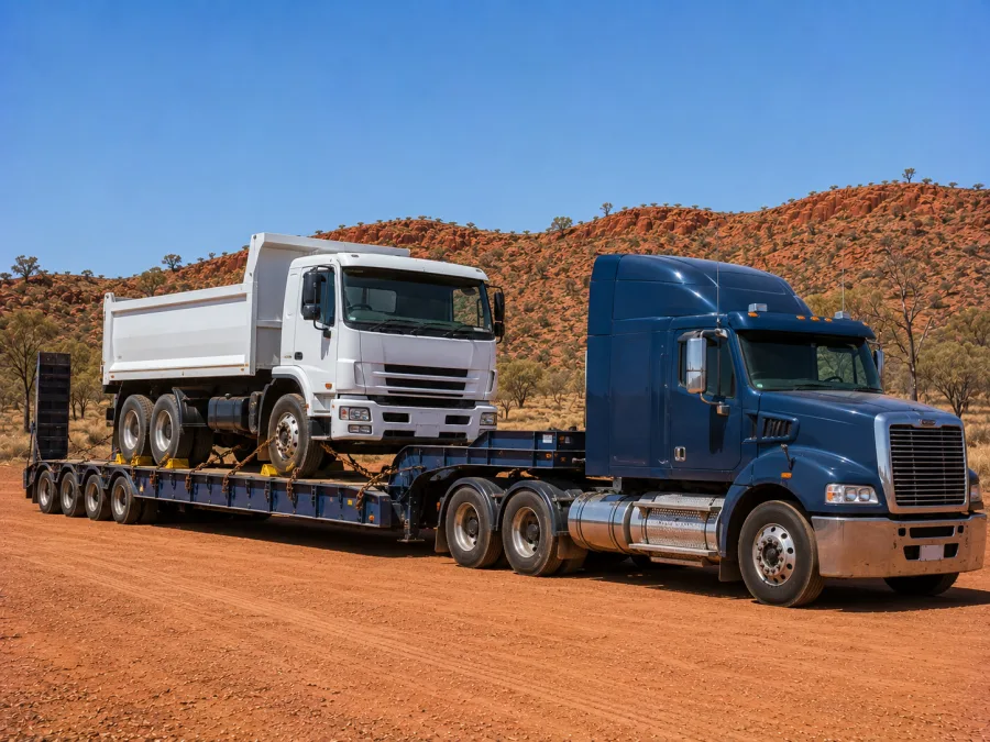Tipper truck chained on a low-loader in north west Queensland