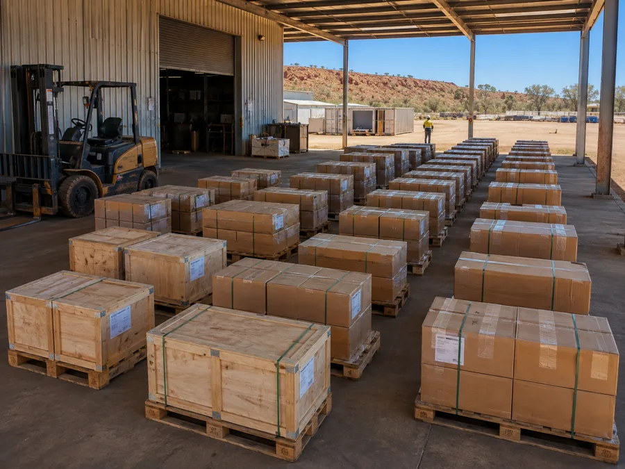 Crated spares staged in sequence for a Mount Isa shutdown