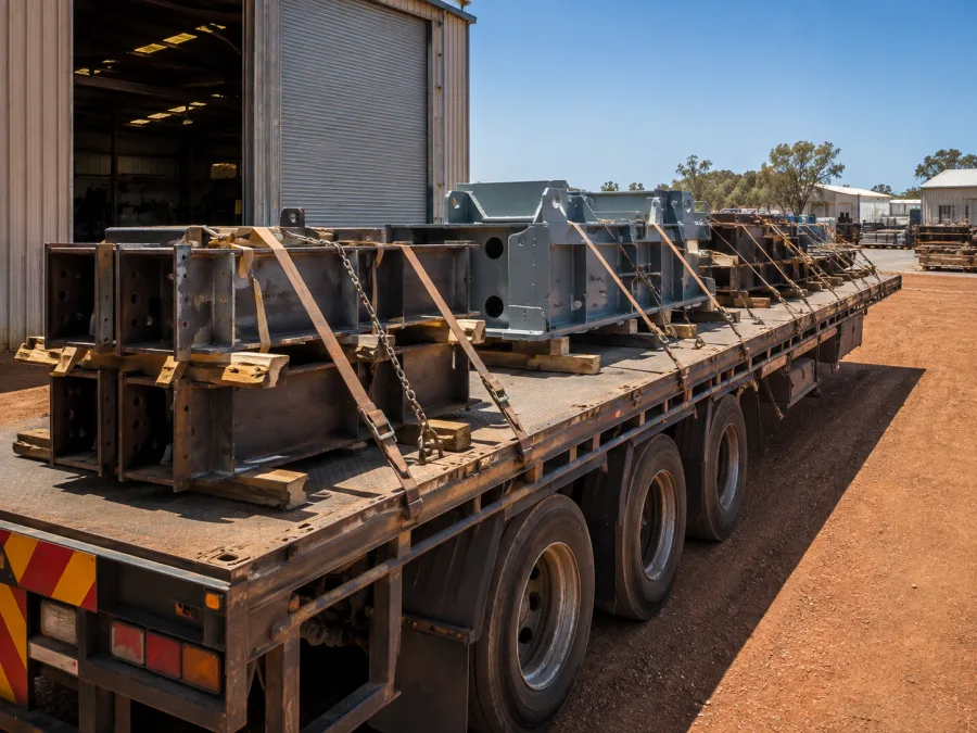 Fabricated steel assemblies strapped on a trailer at a Mount Isa workshop
