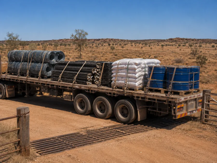 Fencing, feed and drums loaded on a trailer at a north west station gate