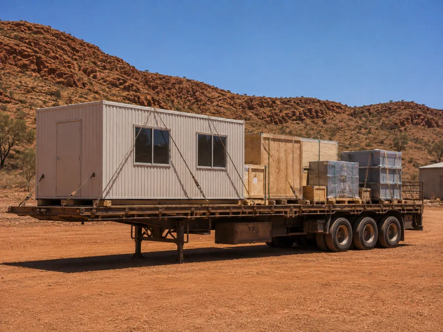 Portable camp unit and crated equipment chained on a trailer for a remote site