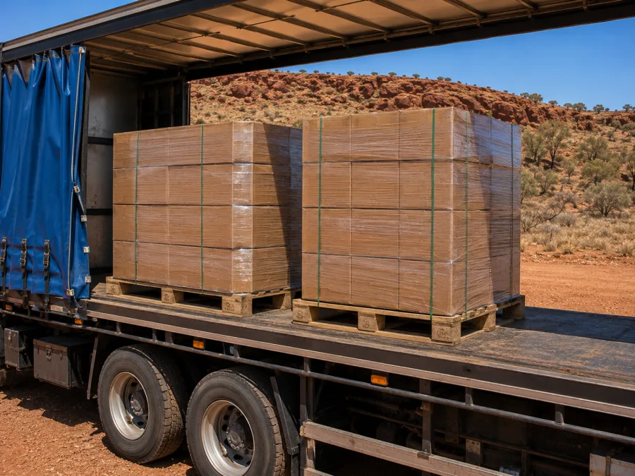 Wrapped pallets on a trailer with red rocky country behind