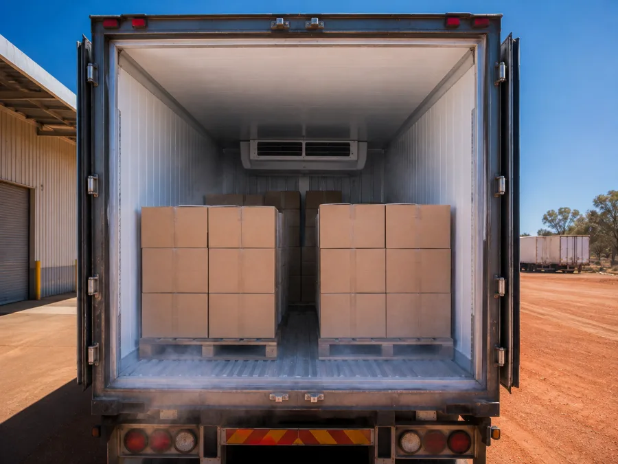 Open refrigerated trailer loaded with chilled cartons at Mount Isa