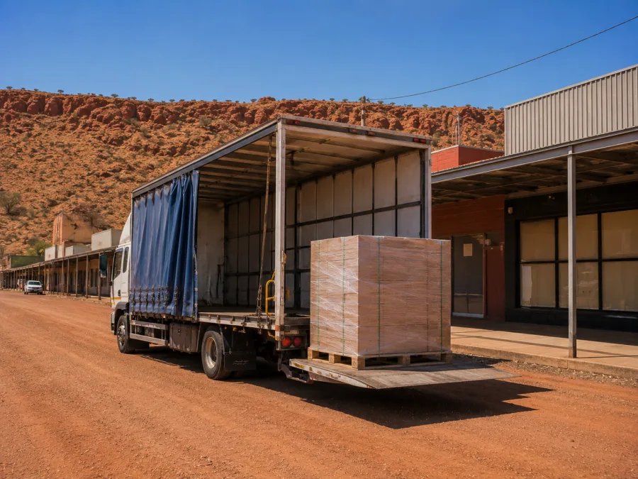Pallet unloaded at a business on a Mount Isa street with red ridges behind