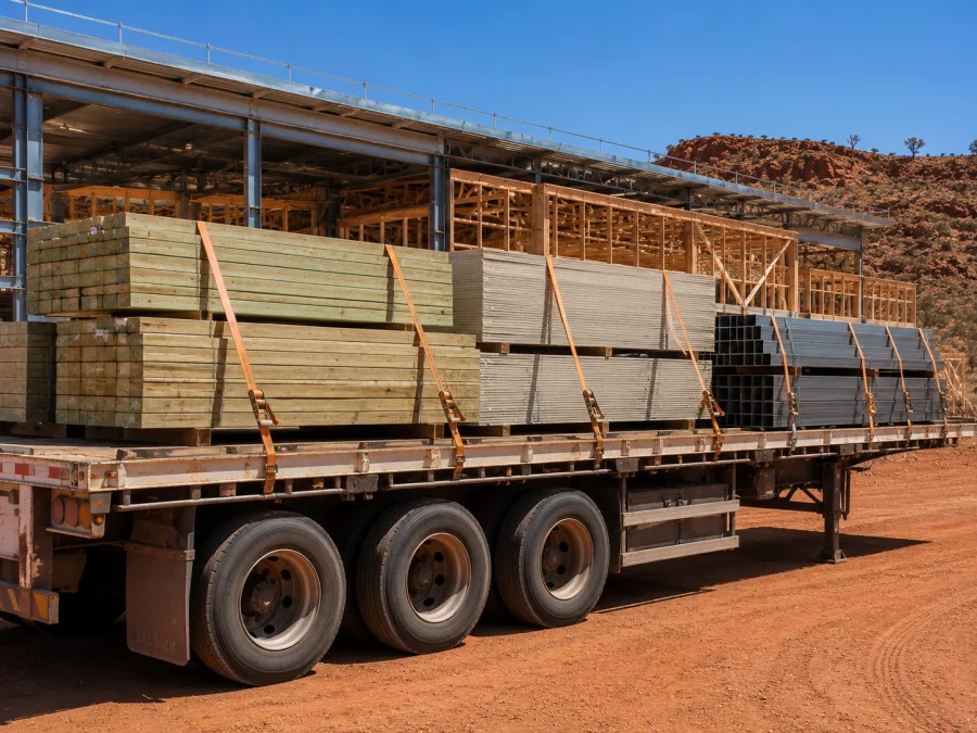 Timber and cladding on a trailer at a Mount Isa building site