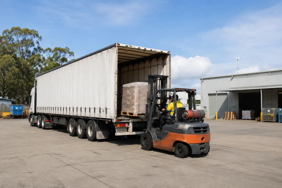 Forklift loading a trailer at a Brisbane depot for the inland run west