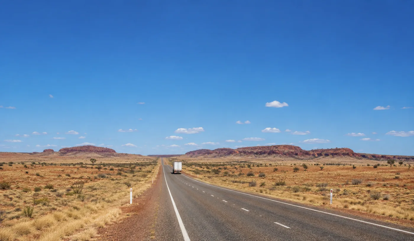 Highway running through empty stony country toward red ridges on the horizon