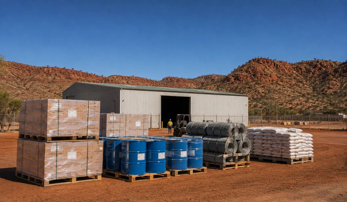 Mining consumables and station supplies staged together at a Mount Isa depot