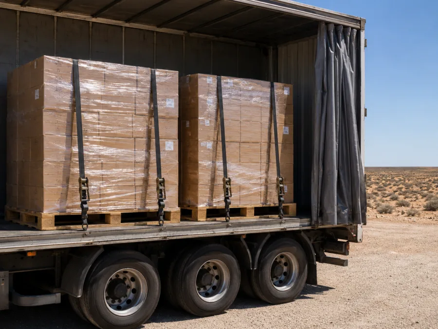 Wrapped pallets on a trailer with the treeless plain behind