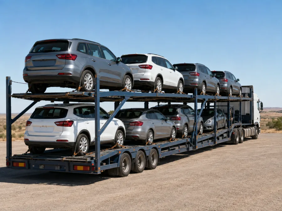 Loaded car carrier at a depot before the coast to coast run