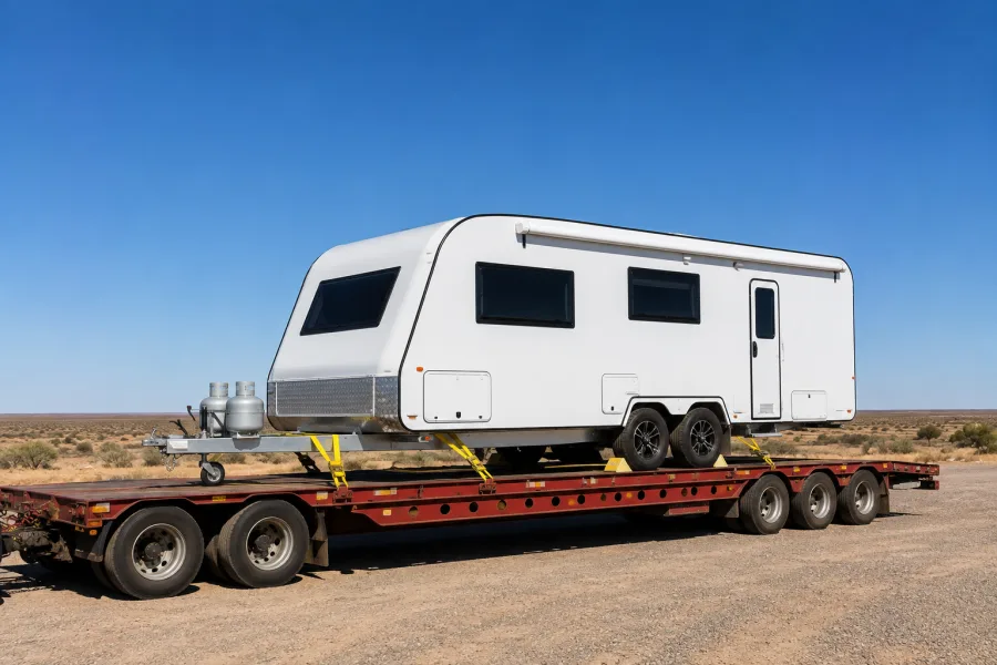 Touring caravan strapped on a drop-deck crossing the Nullarbor