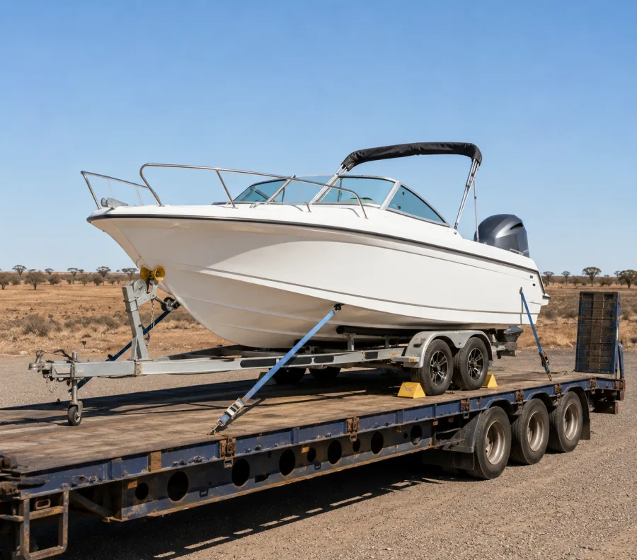 Runabout on a trailer loaded for the run to the west coast