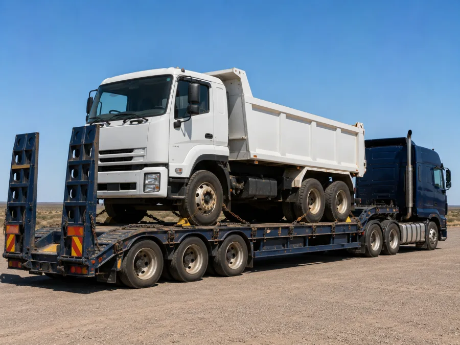 Tipper truck chained on a low-loader for the coast to coast relocation