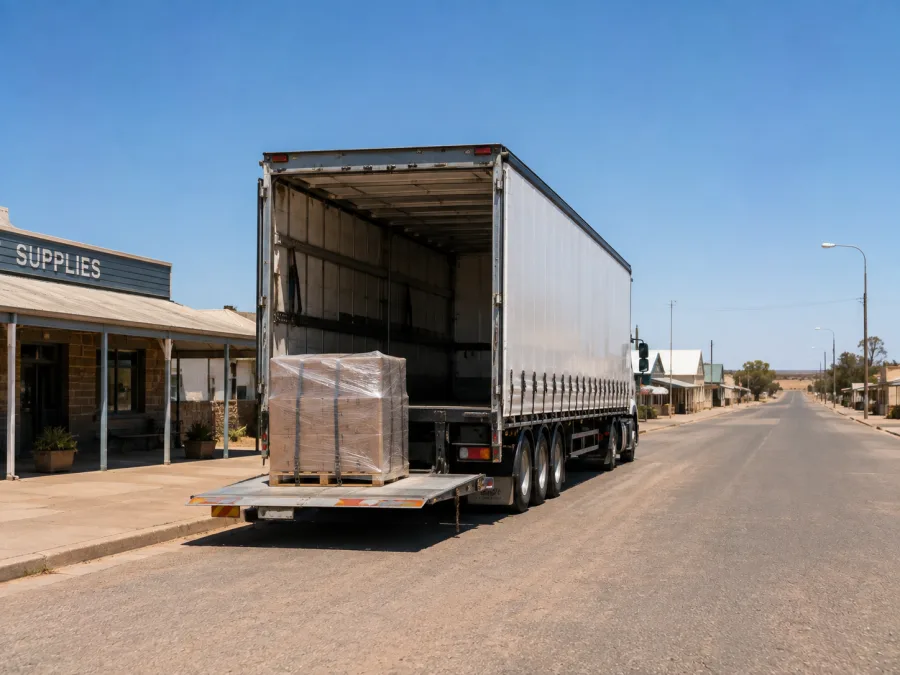 Pallet delivered on the main street of a remote highway town on the westbound corridor
