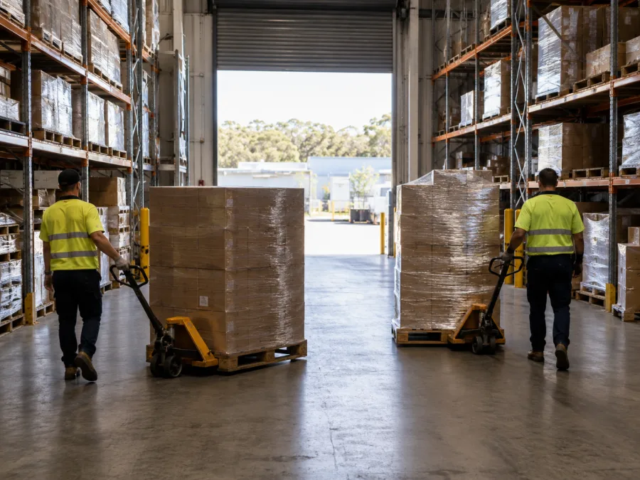 Workers moving pallets inside a Perth distribution centre