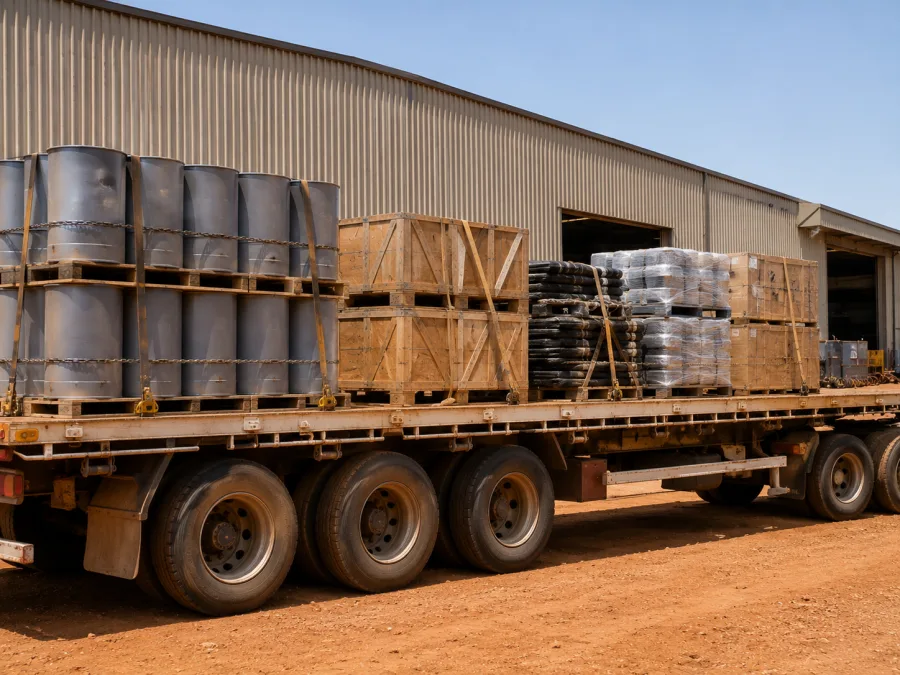Drums and crated components loaded for the Western Australian resources sector