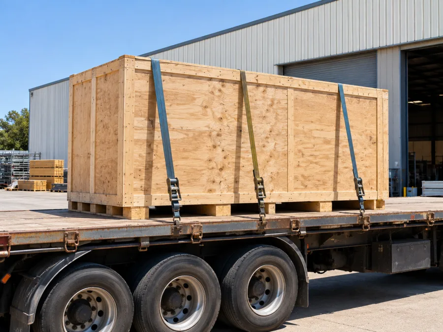 Timber-crated machine strapped on a trailer for the coast to coast run
