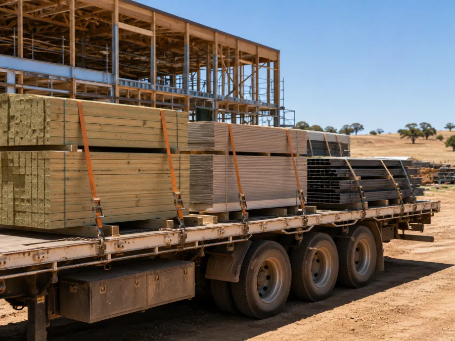 Timber and cladding on a trailer at a Western Australian building site