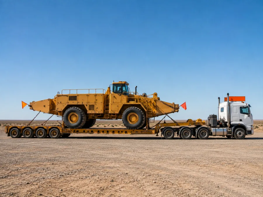 Oversize machine on a multi-axle low-loader beside the Nullarbor highway
