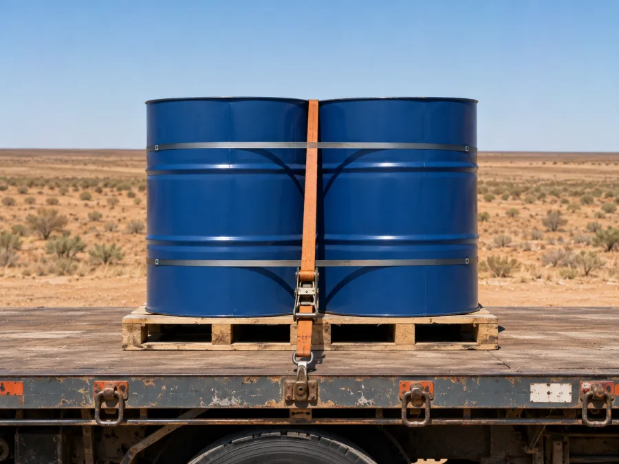 Sealed drums banded on a pallet and strapped to a trailer deck