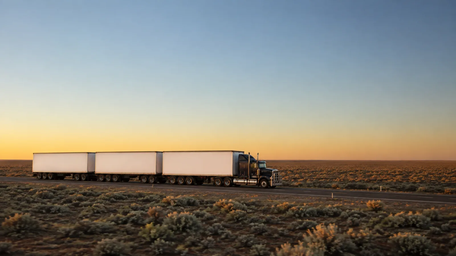 Road train at dawn on the Eyre Highway across the treeless Nullarbor plain