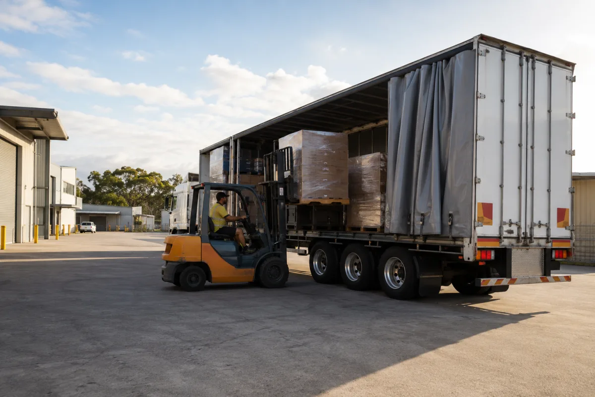 Forklift loading a trailer at a Brisbane depot at the start of the coast to coast run
