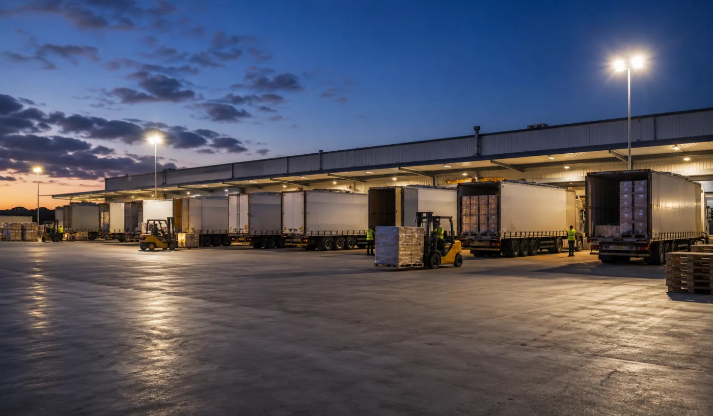 Trailers backed onto a consolidation depot dock at dusk before the westbound run