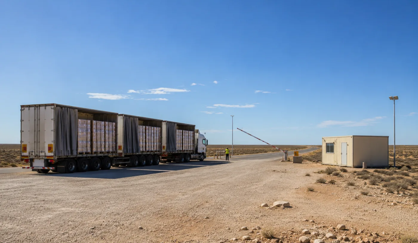 Road train stopped at a remote quarantine checkpoint on the Nullarbor