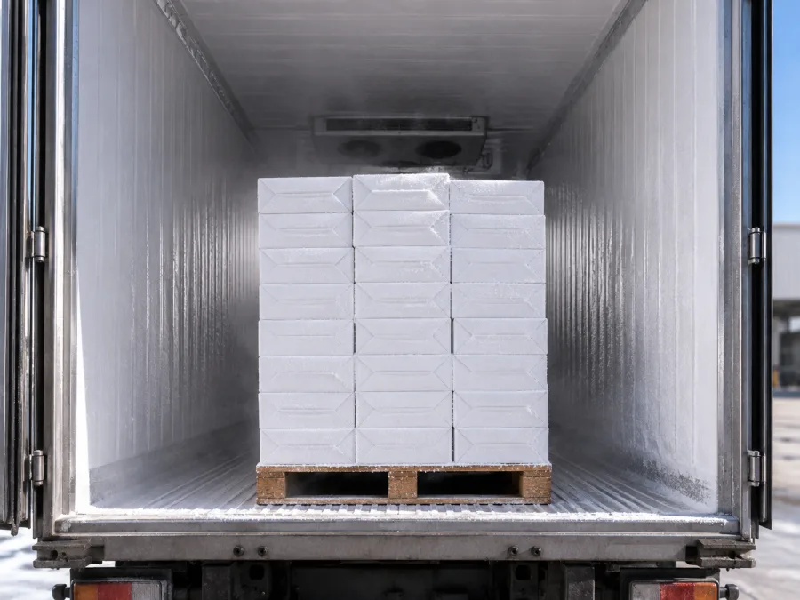 Frosted cartons palletised inside a refrigerated trailer for the southbound run