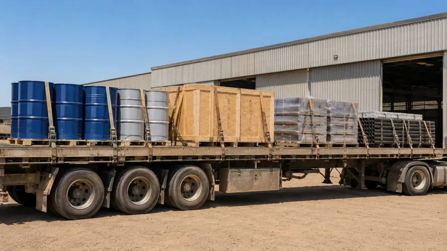 Drums and crated components loaded for the central highlands operations