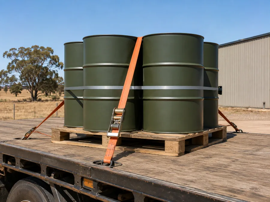 Sealed drums banded on a pallet and strapped to a trailer deck