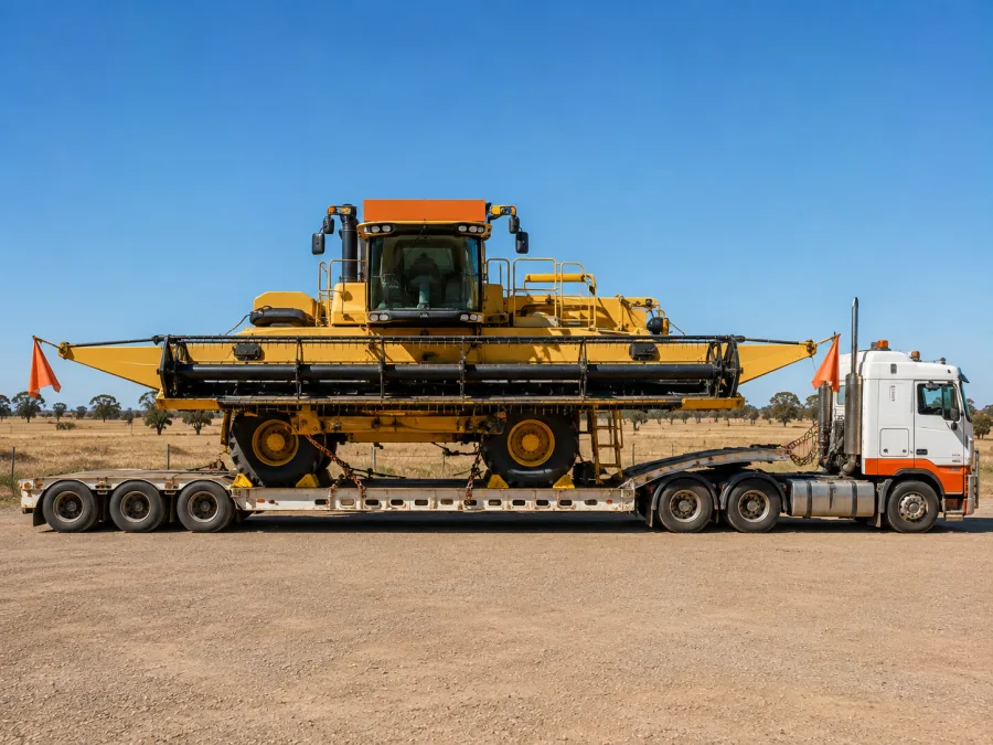 Oversize machine on a low-loader in central Queensland grazing country
