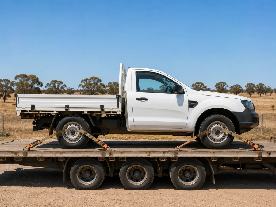 Four wheel drive utility strapped on a carrier deck at a Rockhampton yard