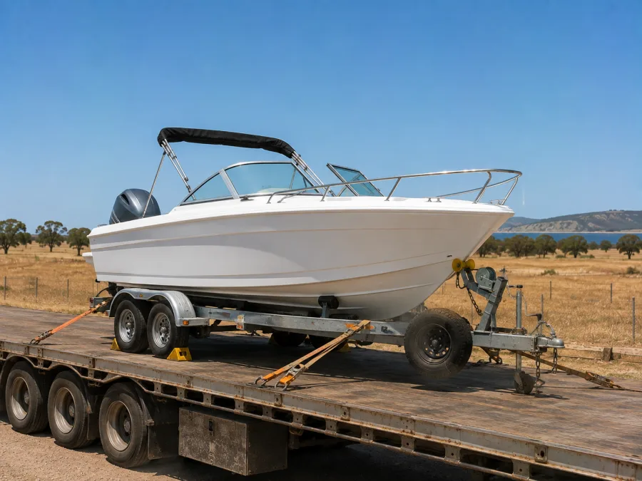 Runabout on a trailer loaded for the run to the Capricorn Coast