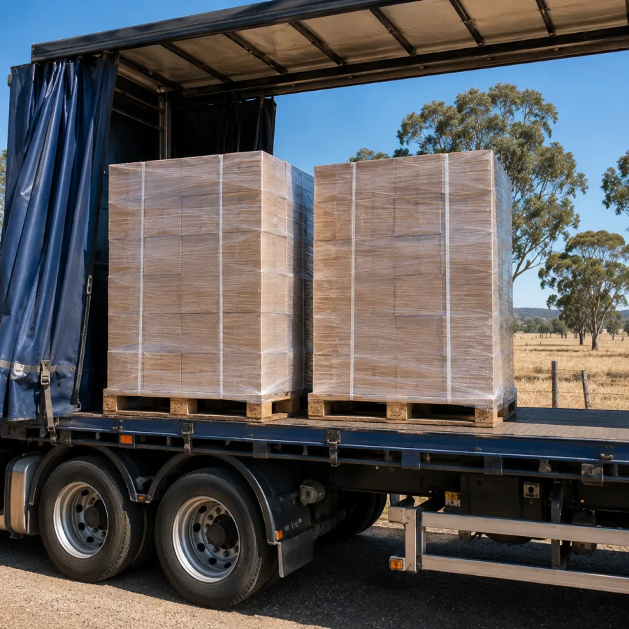 Wrapped pallets on a trailer with central Queensland grazing country behind