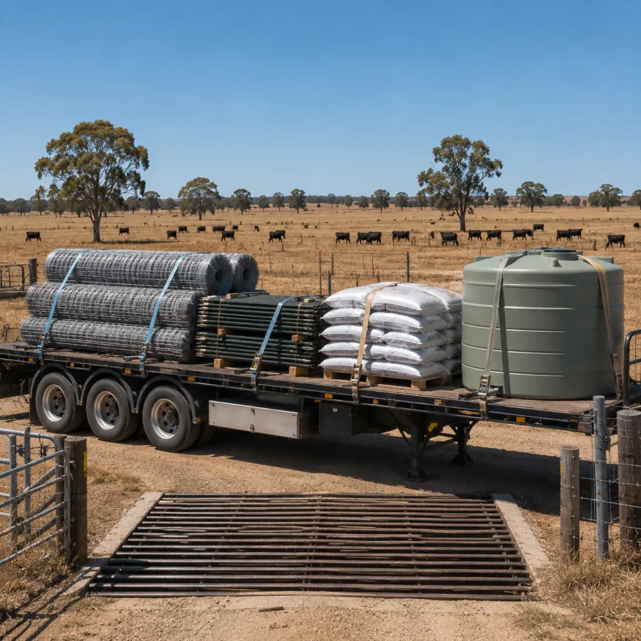 Fencing, feed and a water tank loaded on a trailer at a grazing property gate