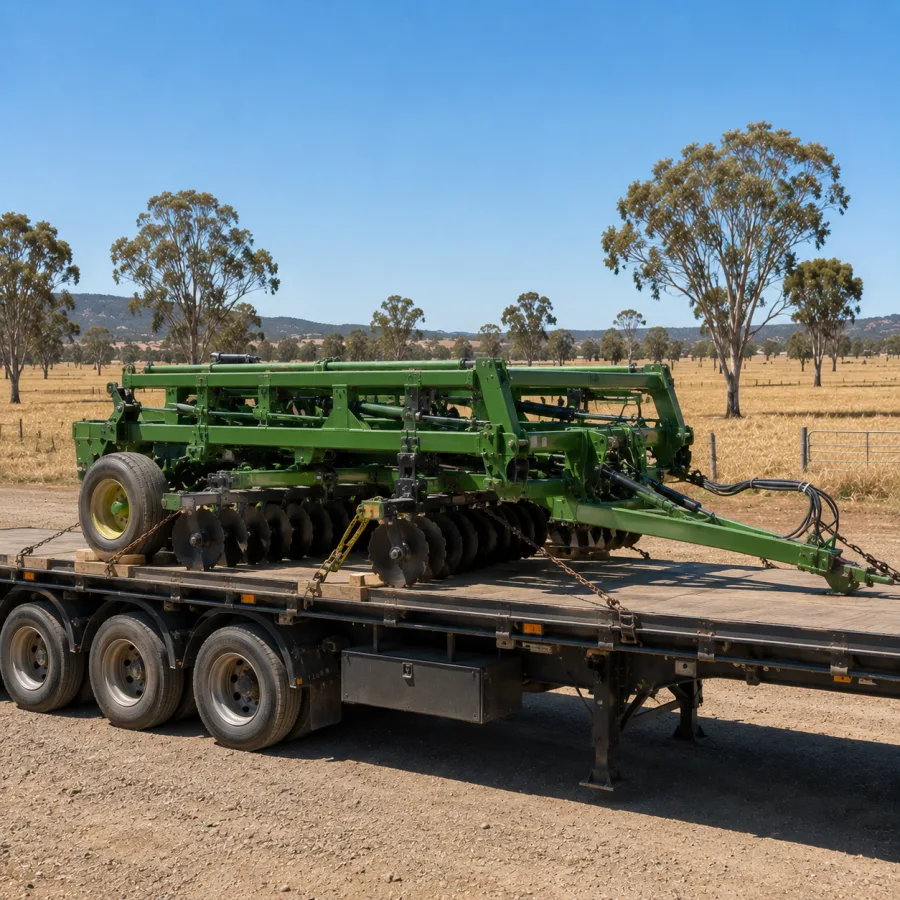 Folded farm implement chained on a trailer in central Queensland grazing country